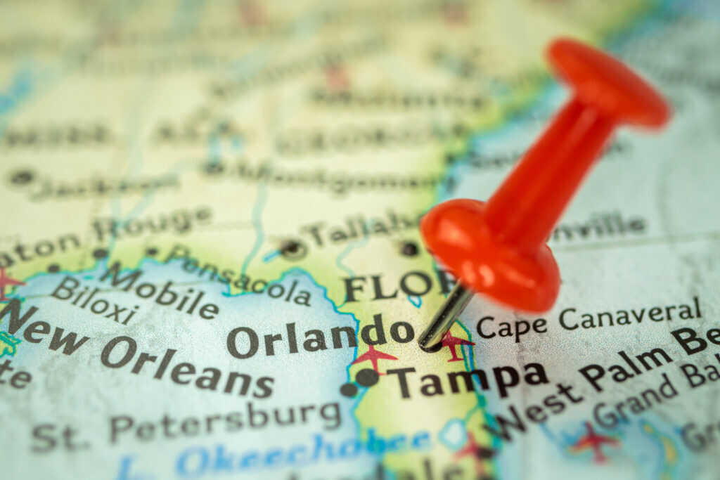 Location Orlando city in Florida, map with red push pin pointing close-up, USA, United States of America Location Orlando city in Florida, map with red push pin pointing close-up, USA, United States of America